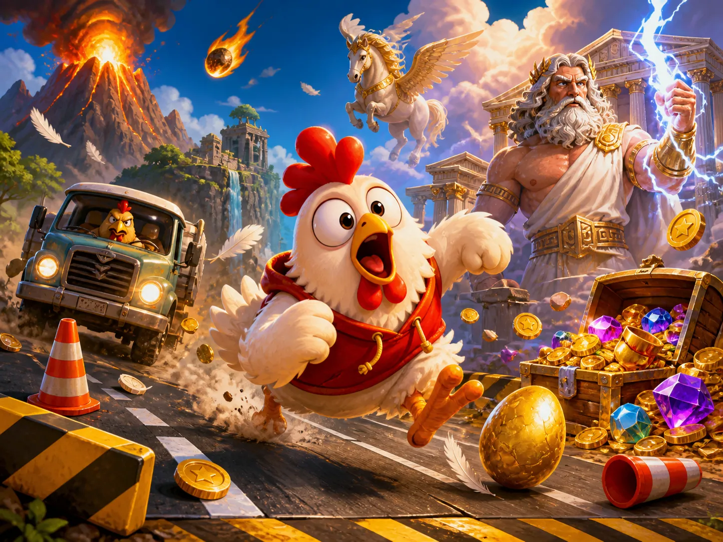 Promotional artwork for Chicken Road slot game featuring humorous chicken crossing a road with feathers and playful traffic e