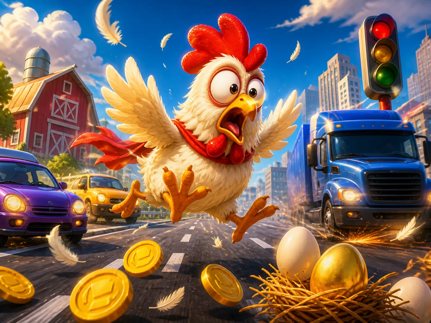 Promotional artwork of Chicken Road slot game featuring funny chicken character, road, and playful traffic scene.