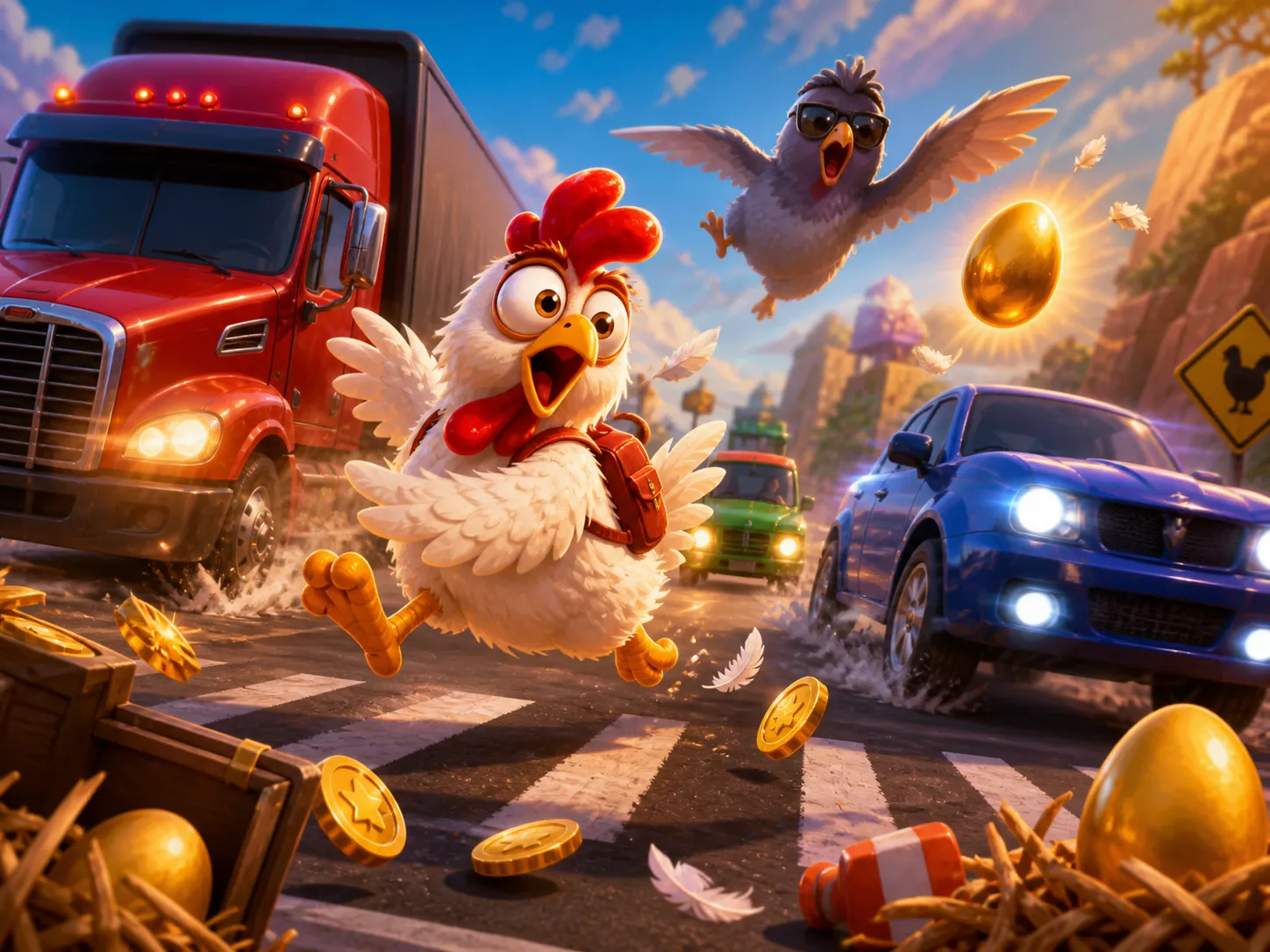 Promotional artwork featuring funny chicken character, traffic lanes, feathers, and playful energetic atmosphere from Chicken