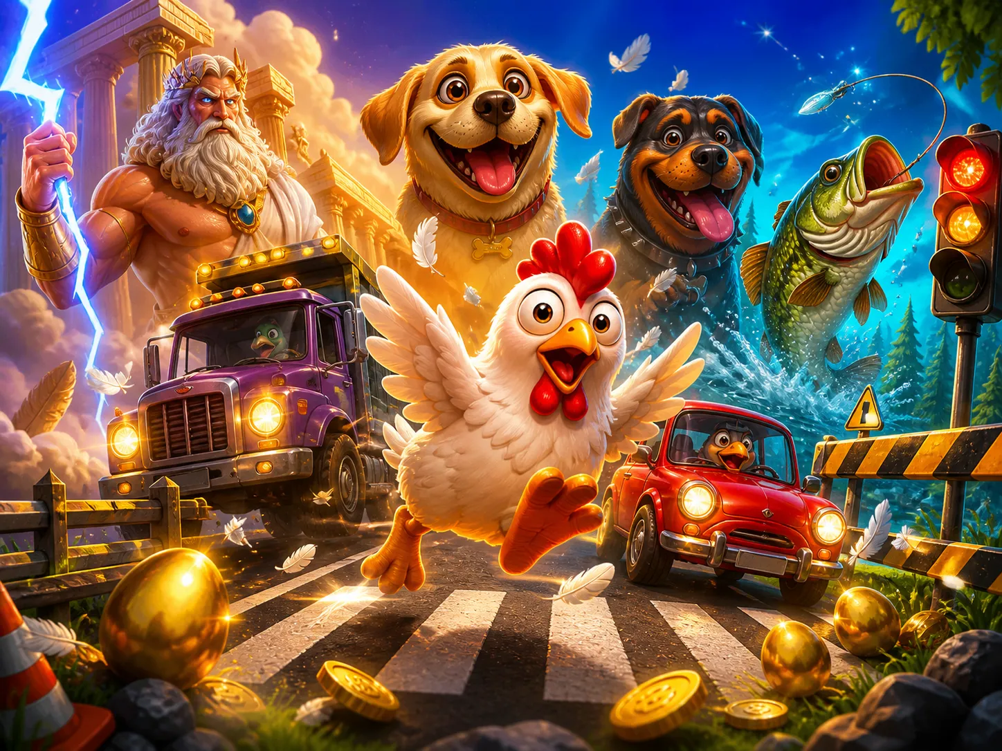 Promotional image for Chicken Road slot game featuring funny chicken character navigating a busy road with vibrant colors and