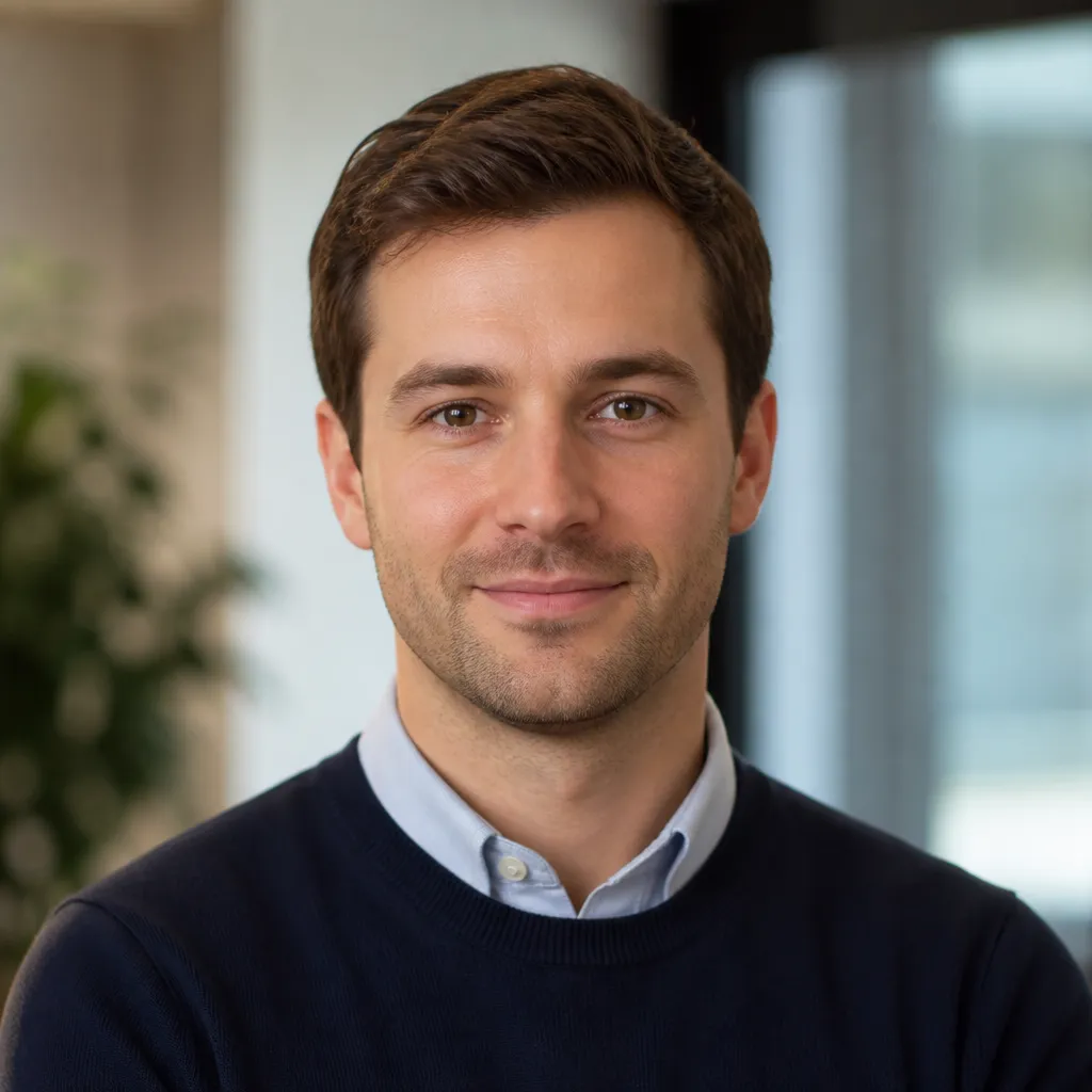 Professional author headshot with a smart casual look in a modern studio background